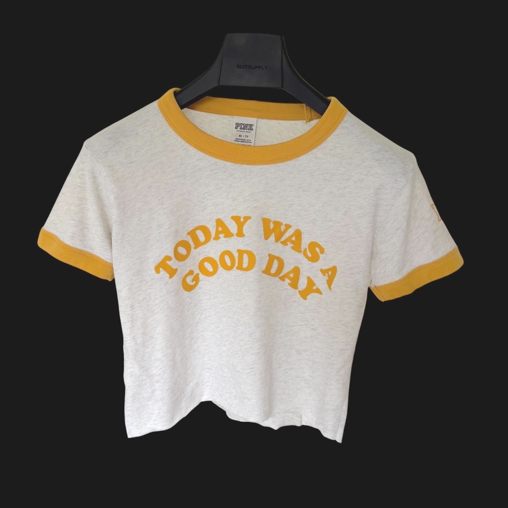 Y2K Pink Victoria's Secret Ringer Tee XS Gray Yellow Today Was Good Day Crop Top